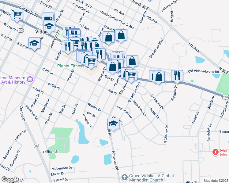 map of restaurants, bars, coffee shops, grocery stores, and more near 311 Smith Street in Vidalia