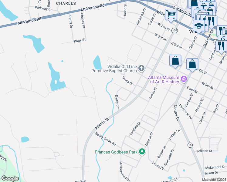 map of restaurants, bars, coffee shops, grocery stores, and more near 506 West 9th Street in Vidalia