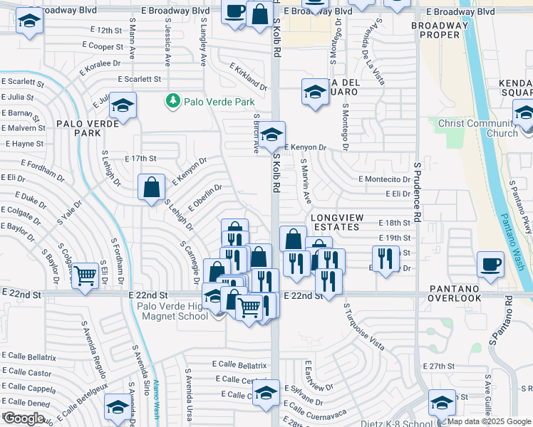 map of restaurants, bars, coffee shops, grocery stores, and more near in Tucson