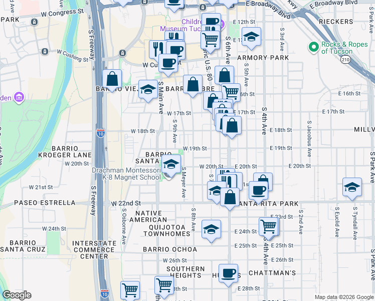 map of restaurants, bars, coffee shops, grocery stores, and more near 841 South 8th Avenue in Tucson