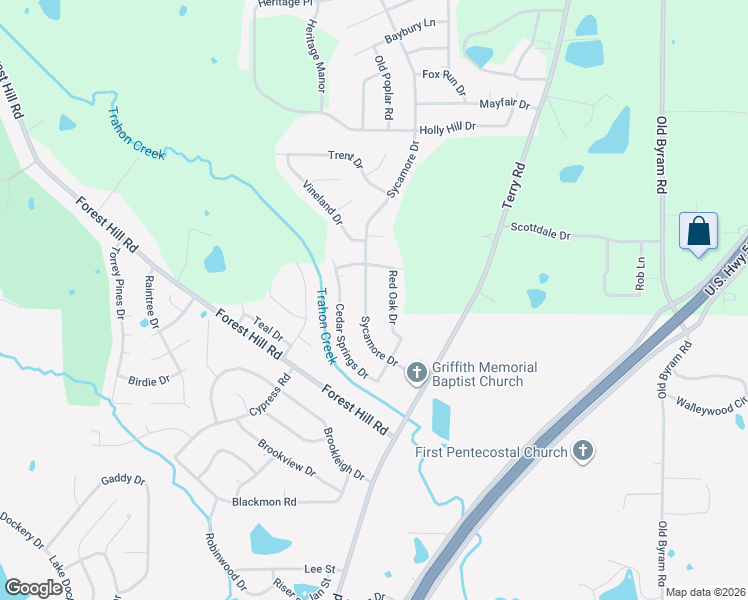 map of restaurants, bars, coffee shops, grocery stores, and more near 5208 Sycamore Drive in Jackson