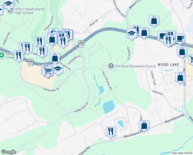 map of restaurants, bars, coffee shops, grocery stores, and more near 50 Branford Lane in Hilton Head Island