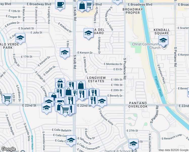 map of restaurants, bars, coffee shops, grocery stores, and more near 7236 East Princeton Drive in Tucson