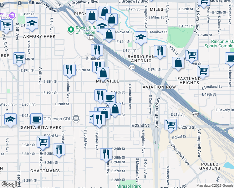 map of restaurants, bars, coffee shops, grocery stores, and more near 880 South Fremont Avenue in Tucson