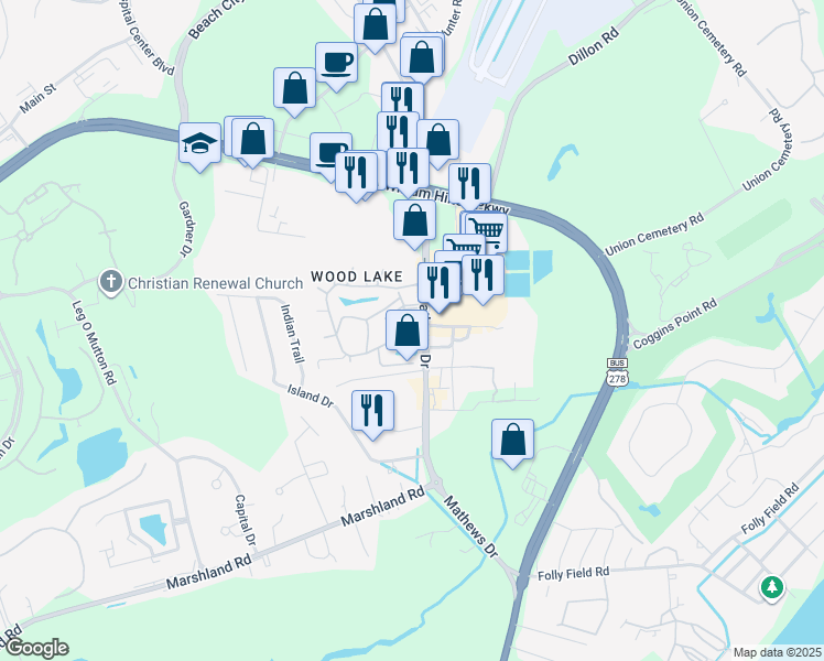 map of restaurants, bars, coffee shops, grocery stores, and more near 100 Mathews Drive in Hilton Head Island