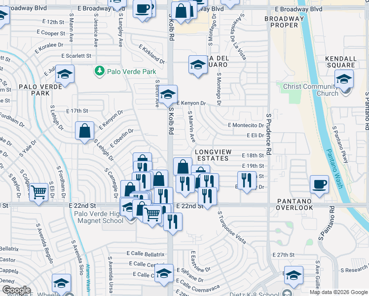 map of restaurants, bars, coffee shops, grocery stores, and more near 7126 East Princeton Place in Tucson