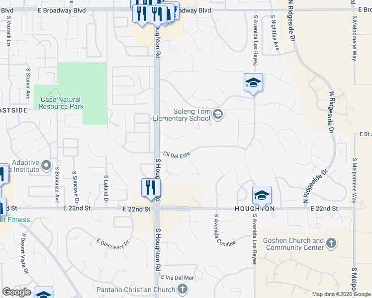 map of restaurants, bars, coffee shops, grocery stores, and more near 10332 East Calle Magdalena in Tucson