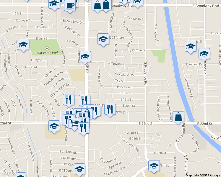 map of restaurants, bars, coffee shops, grocery stores, and more near 7236 East Princeton Drive in Tucson