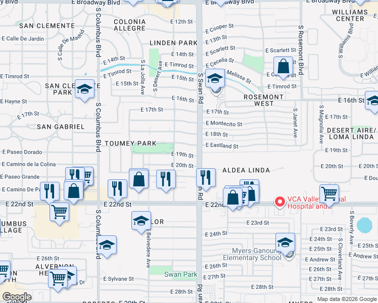 map of restaurants, bars, coffee shops, grocery stores, and more near 4626 East Eastland Street in Tucson