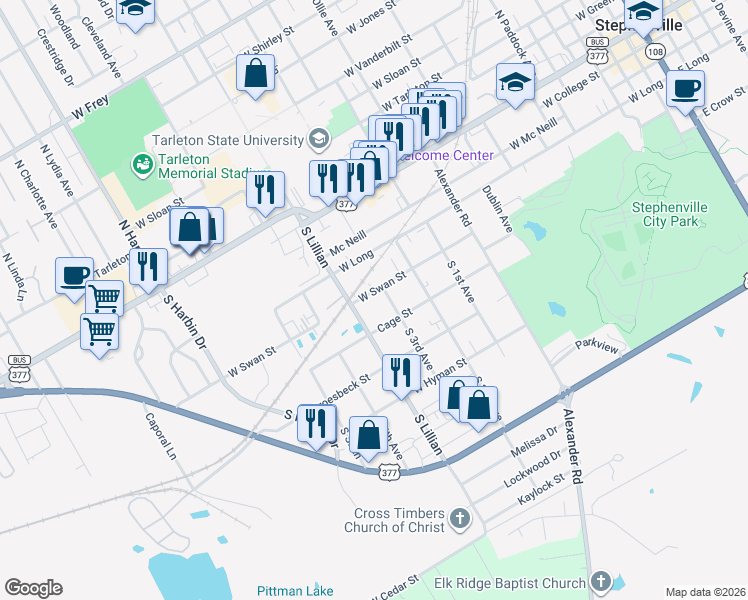 map of restaurants, bars, coffee shops, grocery stores, and more near 1461 West Swan Street in Stephenville