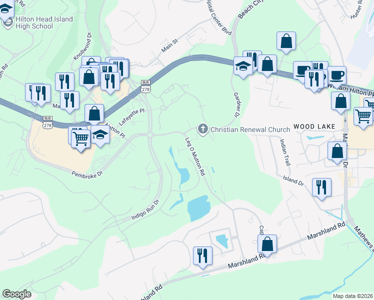 map of restaurants, bars, coffee shops, grocery stores, and more near 107 Leg O Mutton in Hilton Head Island