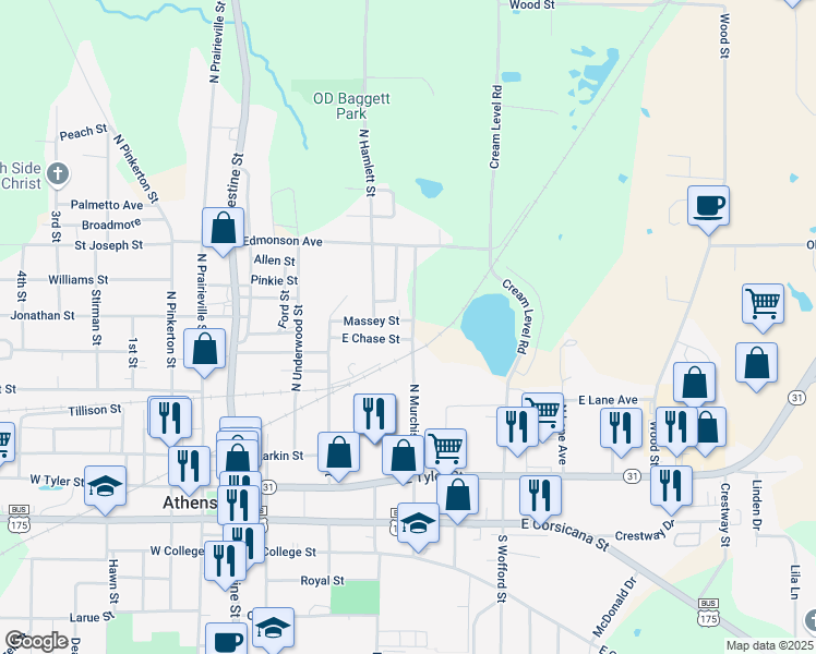 map of restaurants, bars, coffee shops, grocery stores, and more near 705 North Murchison Street in Athens