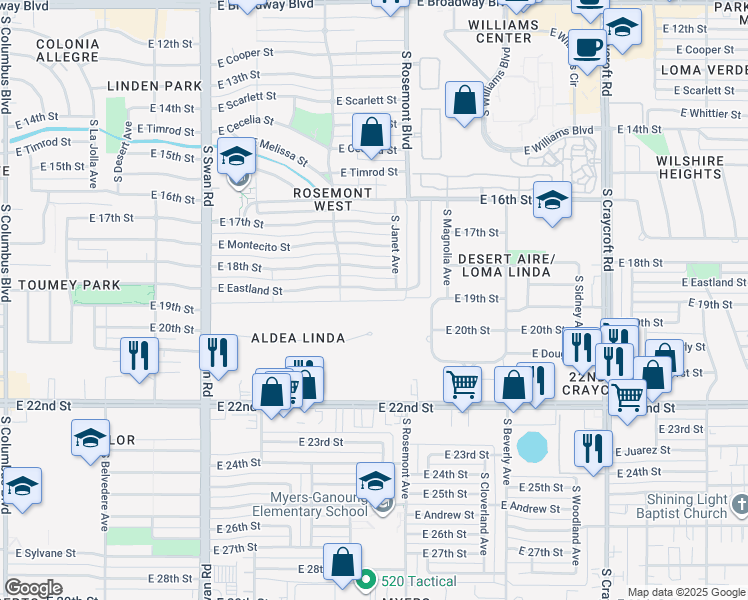 map of restaurants, bars, coffee shops, grocery stores, and more near in Tucson