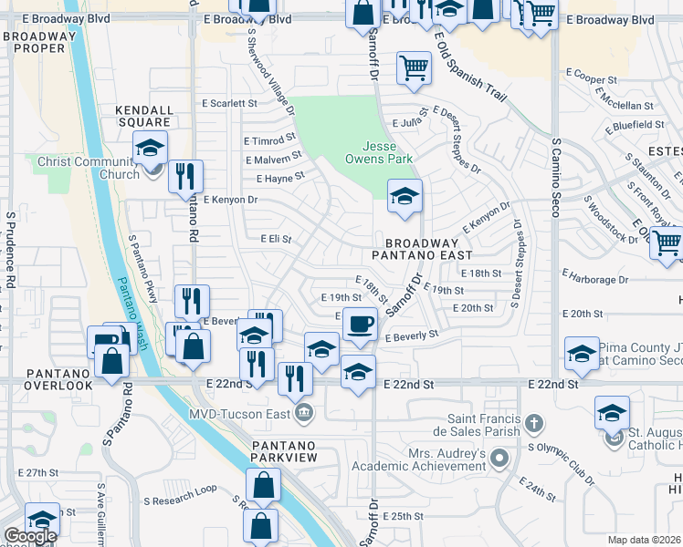 map of restaurants, bars, coffee shops, grocery stores, and more near 8221 East 18th Street in Tucson