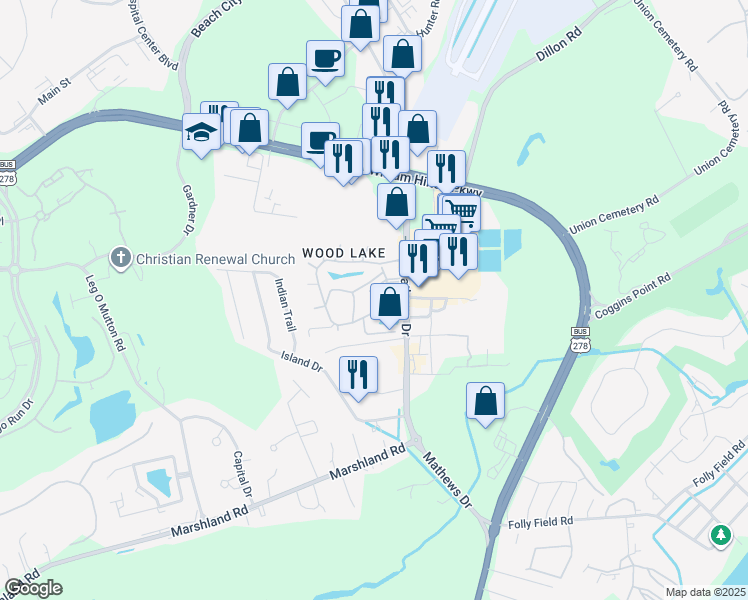 map of restaurants, bars, coffee shops, grocery stores, and more near 100 Mathews Drive in Hilton Head Island