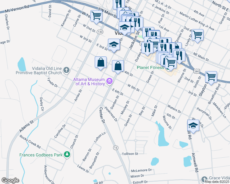 map of restaurants, bars, coffee shops, grocery stores, and more near 207 East 6th Street in Vidalia