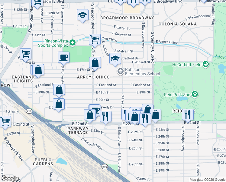 map of restaurants, bars, coffee shops, grocery stores, and more near 2635 East 19th Street in Tucson