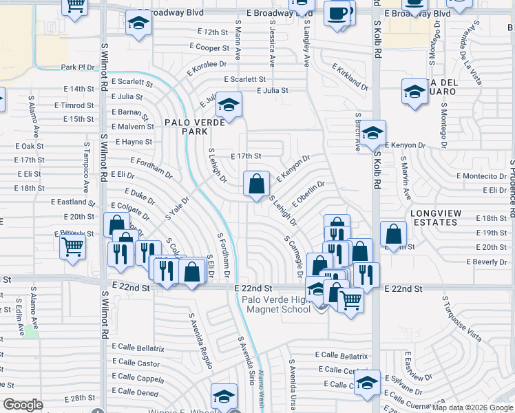 map of restaurants, bars, coffee shops, grocery stores, and more near 6732 East Kenyon Drive in Tucson