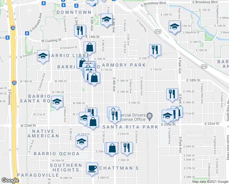 map of restaurants, bars, coffee shops, grocery stores, and more near S 4th Ave & E 19th St in Tucson