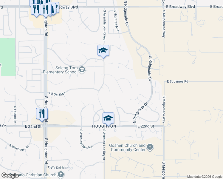 map of restaurants, bars, coffee shops, grocery stores, and more near 10741 East Avenida Hacienda in Tucson