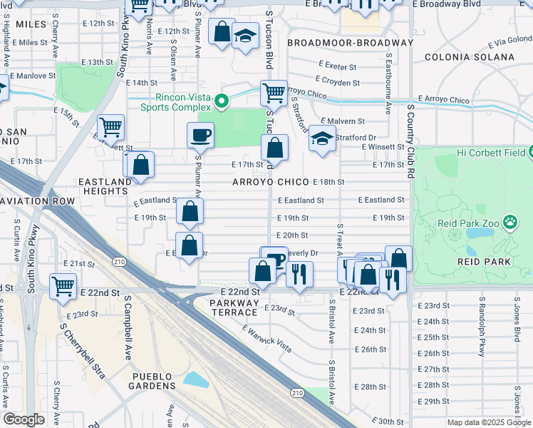 map of restaurants, bars, coffee shops, grocery stores, and more near 880 South Tucson Boulevard in Tucson