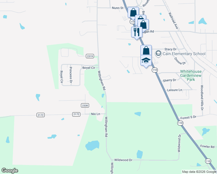 map of restaurants, bars, coffee shops, grocery stores, and more near 823 Willingham Road in Whitehouse