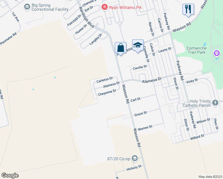 map of restaurants, bars, coffee shops, grocery stores, and more near 2401-2677 Alamesa Drive in Big Spring
