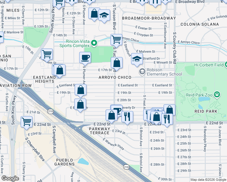 map of restaurants, bars, coffee shops, grocery stores, and more near 2431 East 19th Street in Tucson