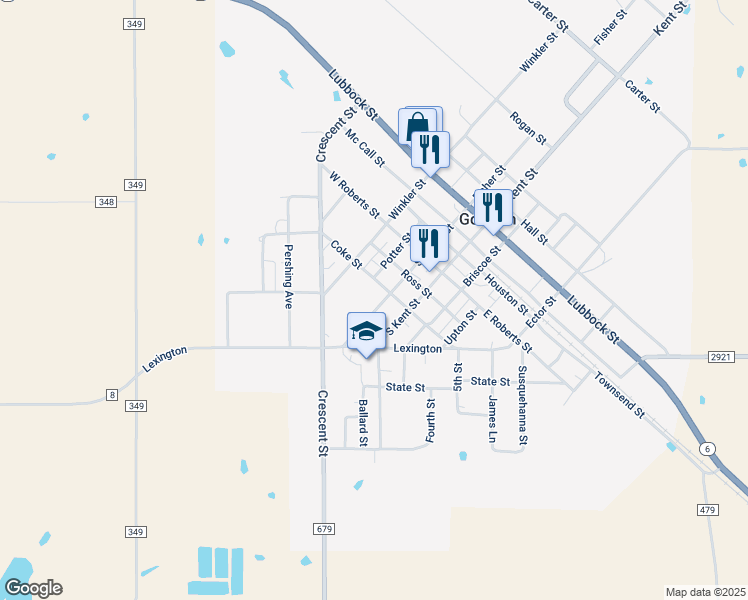 map of restaurants, bars, coffee shops, grocery stores, and more near 319 South Fisher Street in Gorman