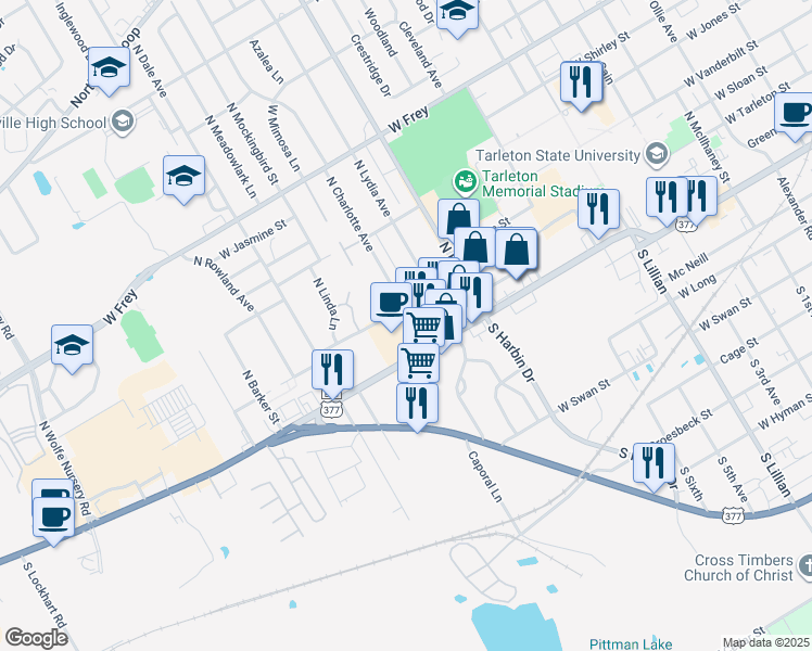map of restaurants, bars, coffee shops, grocery stores, and more near 2131 West Washington Street in Stephenville