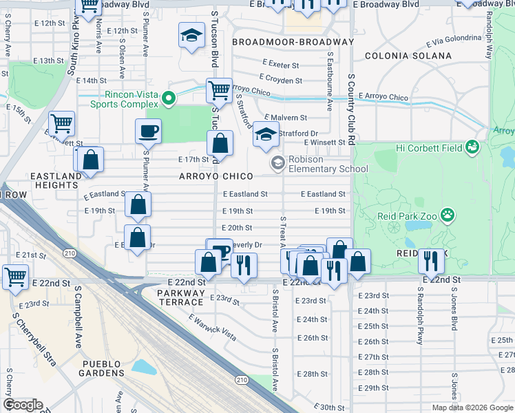 map of restaurants, bars, coffee shops, grocery stores, and more near 2635 East 19th Street in Tucson