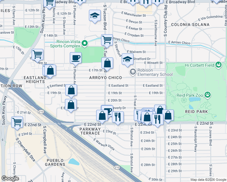 map of restaurants, bars, coffee shops, grocery stores, and more near 2539 East 19th Street in Tucson