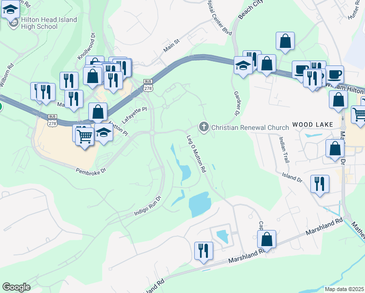 map of restaurants, bars, coffee shops, grocery stores, and more near 107 Leg O Mutton Road in Hilton Head Island