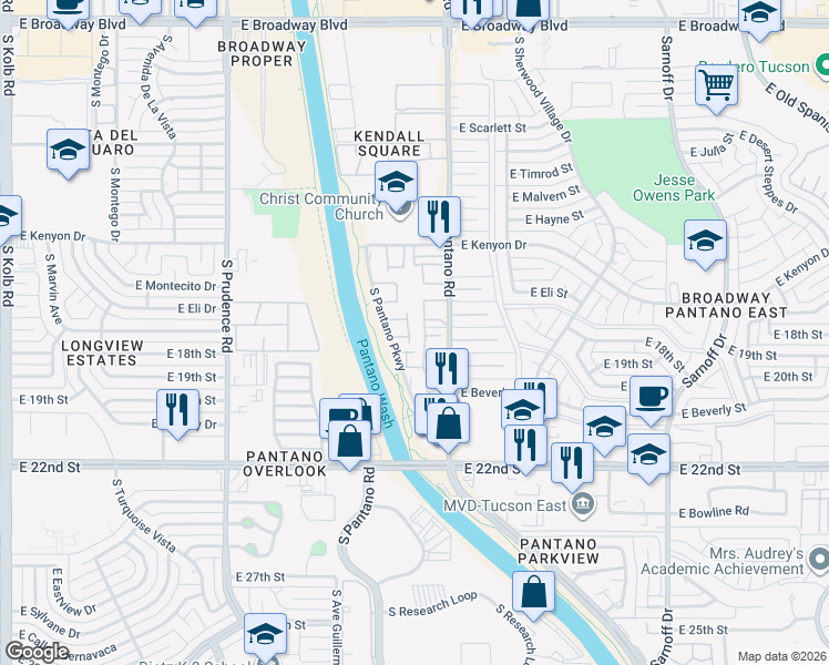 map of restaurants, bars, coffee shops, grocery stores, and more near 808 South Pantano Road in Tucson