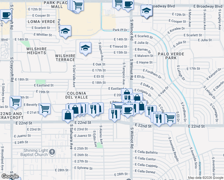 map of restaurants, bars, coffee shops, grocery stores, and more near 6159 East Eastland Street in Tucson