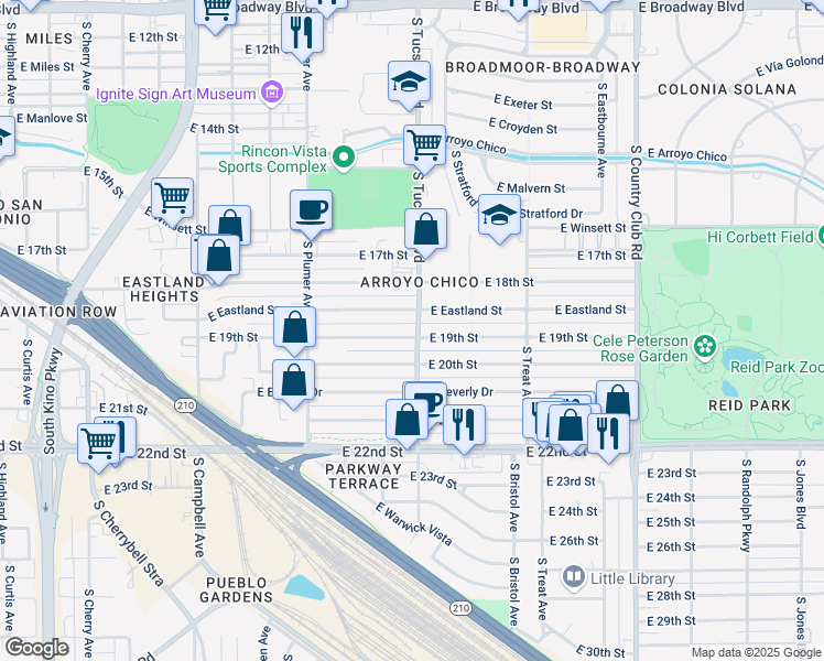 map of restaurants, bars, coffee shops, grocery stores, and more near 2431 East 19th Street in Tucson