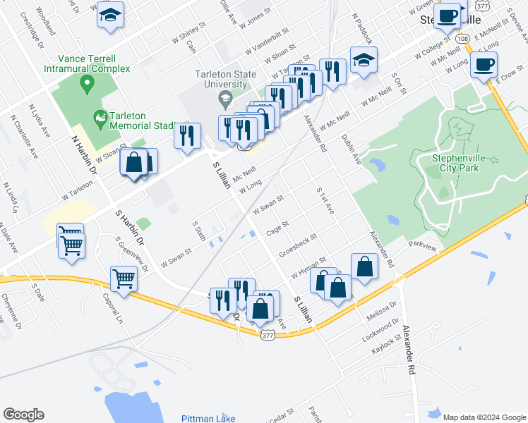 map of restaurants, bars, coffee shops, grocery stores, and more near 1461 West Swan Street in Stephenville