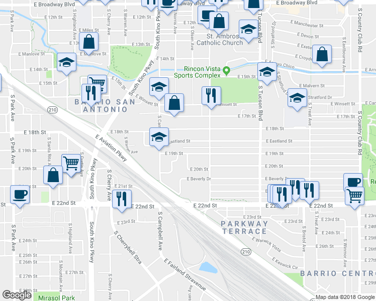 map of restaurants, bars, coffee shops, grocery stores, and more near 2055 East 19th Street in Tucson