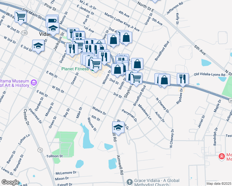 map of restaurants, bars, coffee shops, grocery stores, and more near 311 Smith Street in Vidalia