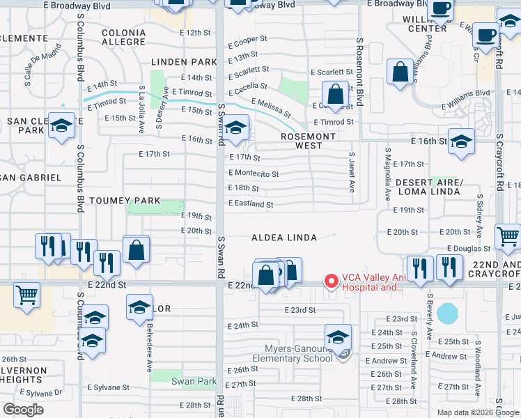 map of restaurants, bars, coffee shops, grocery stores, and more near 4782 East Eastland Street in Tucson