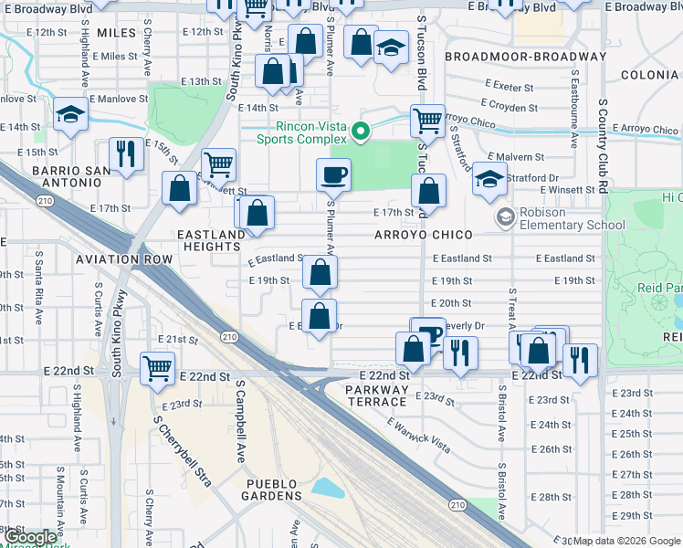 map of restaurants, bars, coffee shops, grocery stores, and more near 2231 East 19th Street in Tucson
