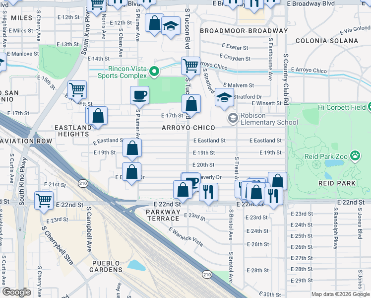 map of restaurants, bars, coffee shops, grocery stores, and more near 2431 East 19th Street in Tucson