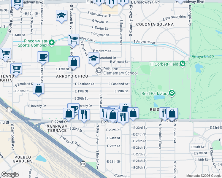 map of restaurants, bars, coffee shops, grocery stores, and more near 2901 East 19th Street in Tucson