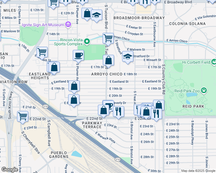 map of restaurants, bars, coffee shops, grocery stores, and more near 2503 East 19th Street in Tucson