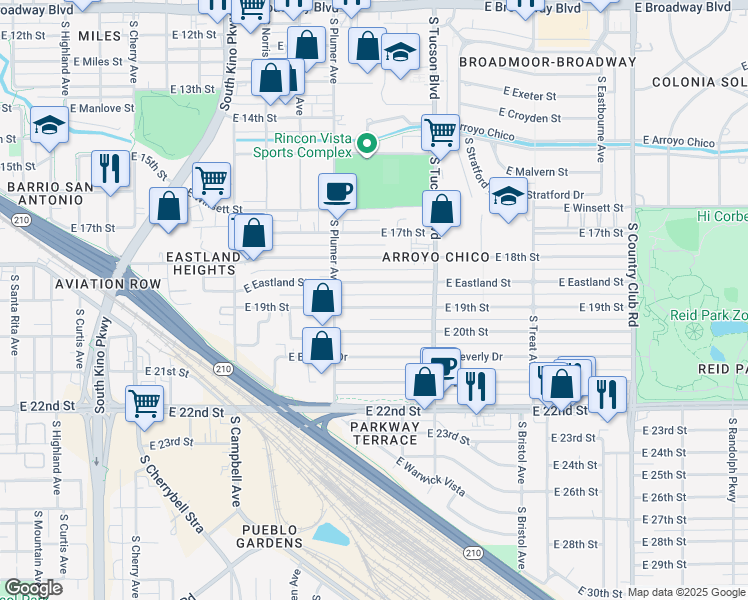 map of restaurants, bars, coffee shops, grocery stores, and more near 2305 East 19th Street in Tucson