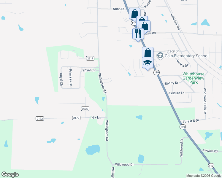 map of restaurants, bars, coffee shops, grocery stores, and more near 823 Willingham Road in Whitehouse