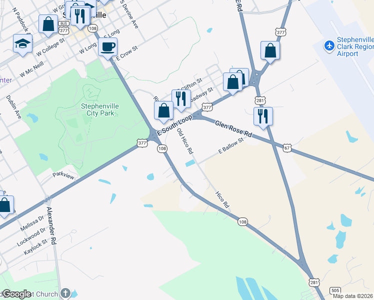 map of restaurants, bars, coffee shops, grocery stores, and more near 928 Old Hico Road in Stephenville