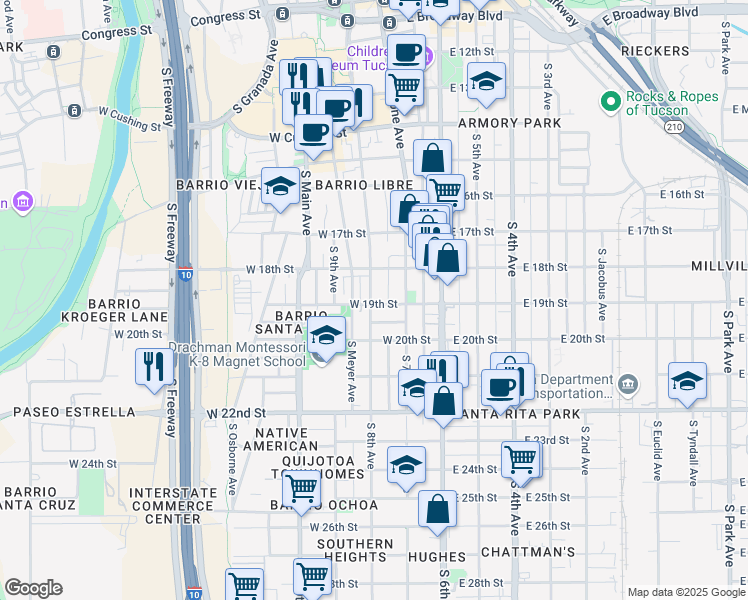 map of restaurants, bars, coffee shops, grocery stores, and more near 841 South 8th Avenue in Tucson