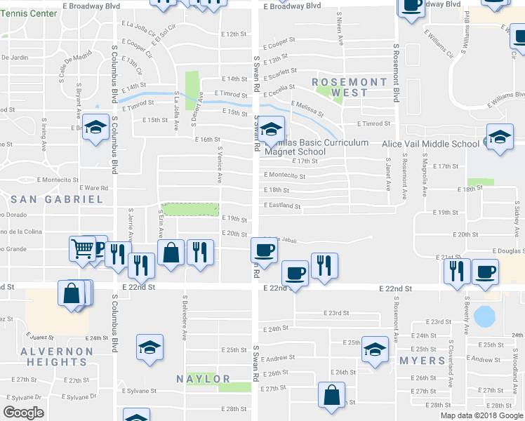 map of restaurants, bars, coffee shops, grocery stores, and more near 4702 East Eastland Street in Tucson