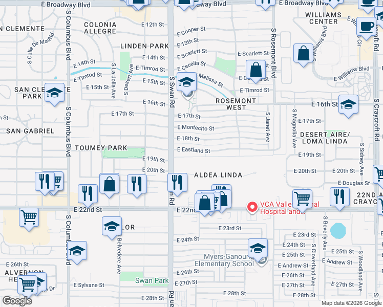 map of restaurants, bars, coffee shops, grocery stores, and more near 4742 E Eastland St in Tucson